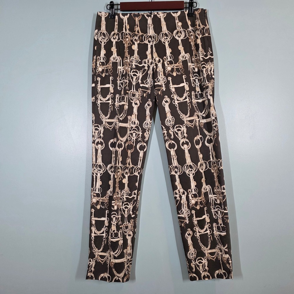 Samantha Sung‎ Womens Brown Equestrian Bit Print Cotton Stretch Pants Size 6 Art
